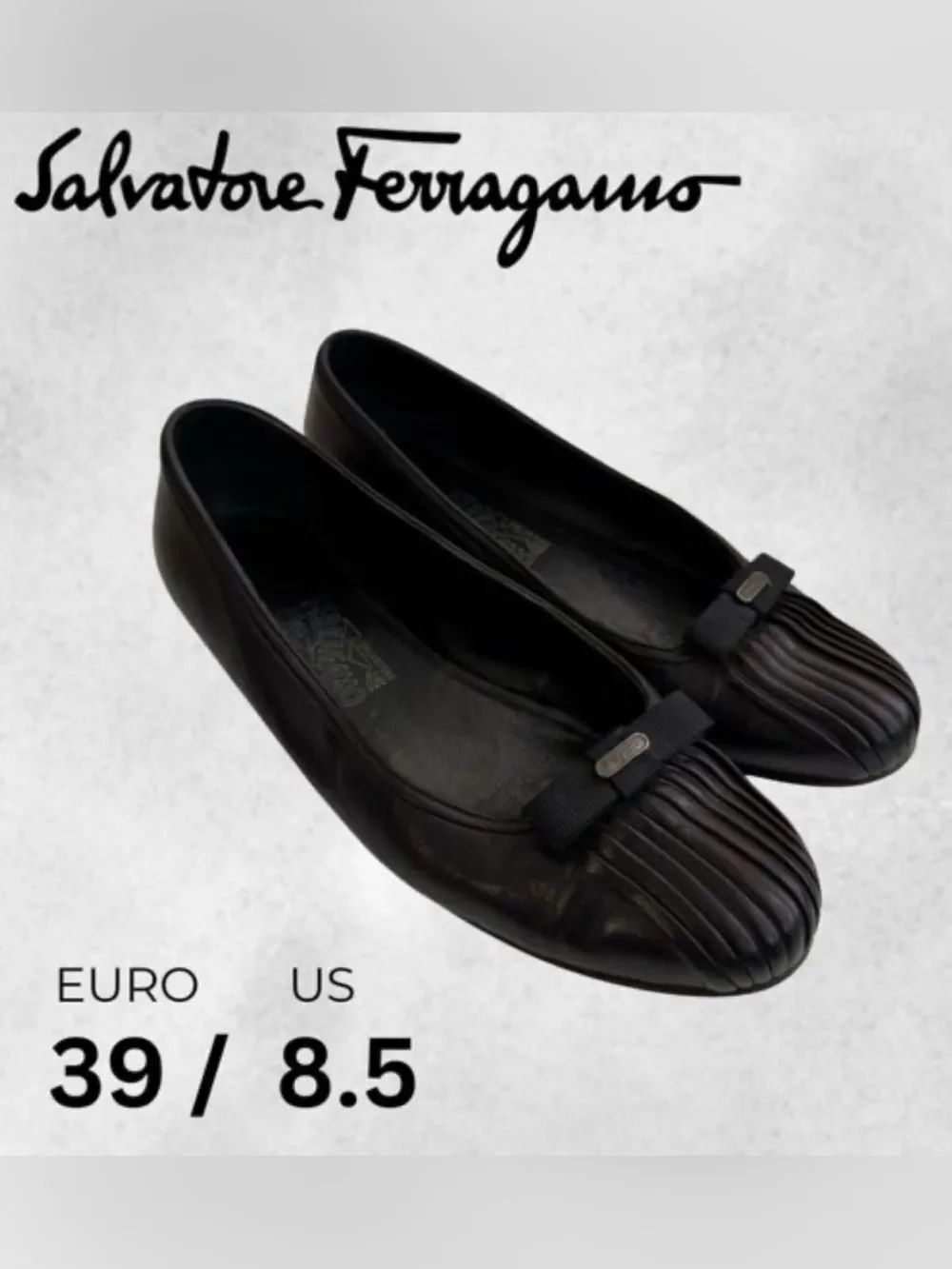 Salvatore Ferragamo Black Leather Pleated Toe Bow Flats